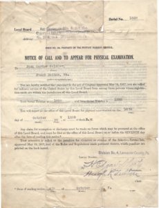 Draft notice for Joel Carter Swisher, dated October 4, 1917