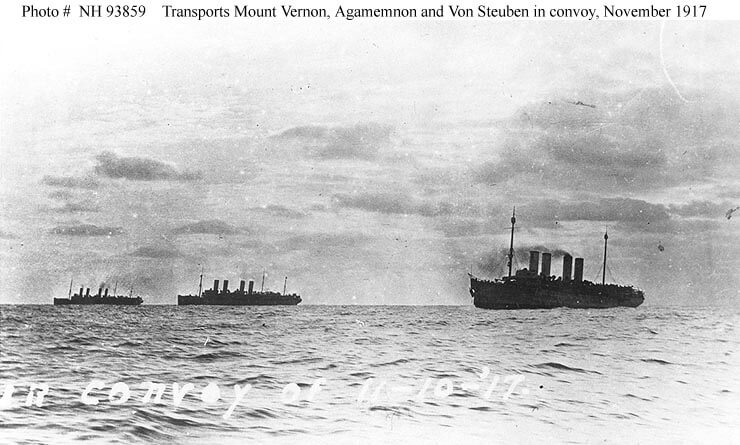 Archival photo showing troop transport ships "in convoy of 11-10-17"