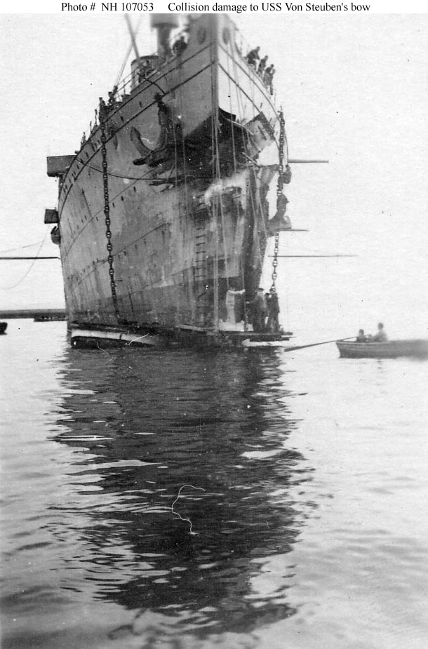 Front view of the USS Von Steuben, showing collision damage