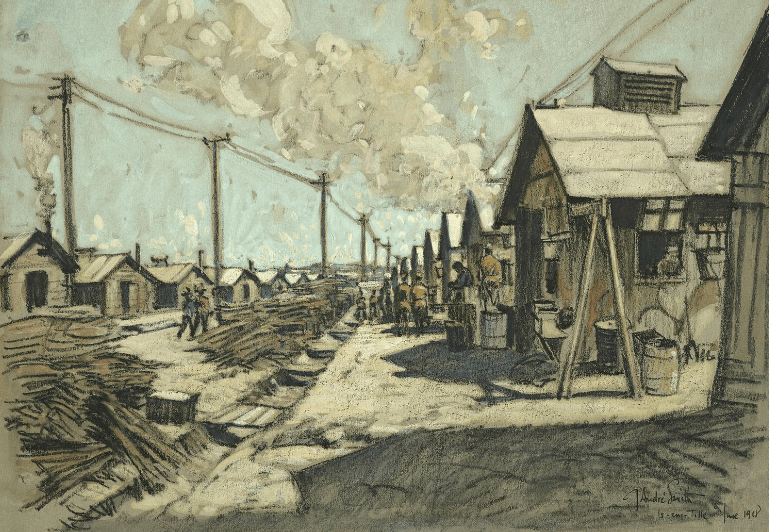 A charcoal and watercolor sketch of barracks at Is-sur-Tille, showing single-storey, pitched-roof buildings lining a dirt street, with telephone poles and wires