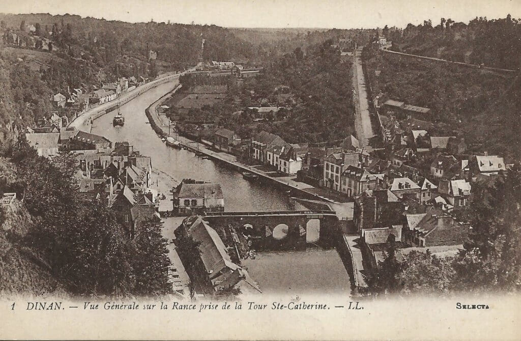 Postcard image showing the town of Dinan, France, along the river Rance