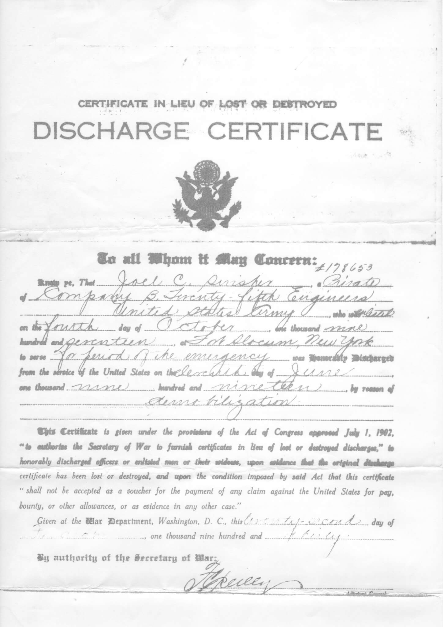 Discharge Certificate June 11 1919 Sincerely Joel C