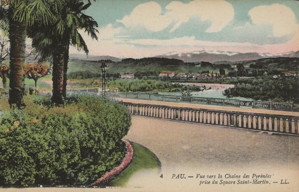 Tinted postcard view of the Pyrenees mountains from a square in Pau.